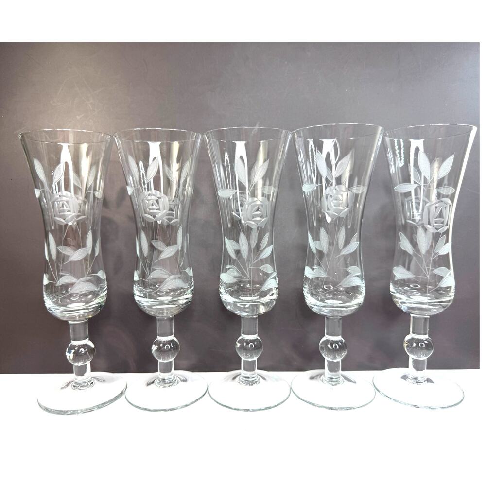 1950s Javit Hand-Etched Rose Crystal Liqueur Stemmed Glass Set of 5